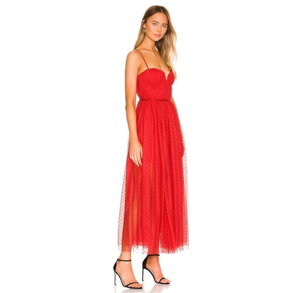 SAU LEE Selena Swiss Dot Tulle Red Bustier Maxi Dress Size 4 - Picture 2 of 11